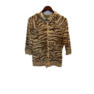 Ralph Lauren Active L Womens Brown Animal Print Long Sleeve Hood Zip Up Cardigan